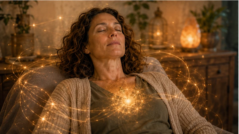 Persoon die emotionele balans en zelfontwikkeling bereikt via matrix therapie sessie