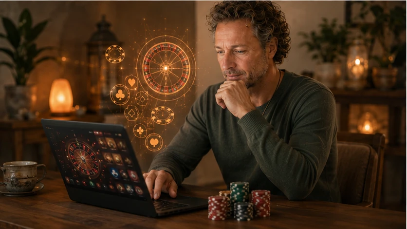 Speler achter een laptop die bewust deelneemt aan online casino spellen
