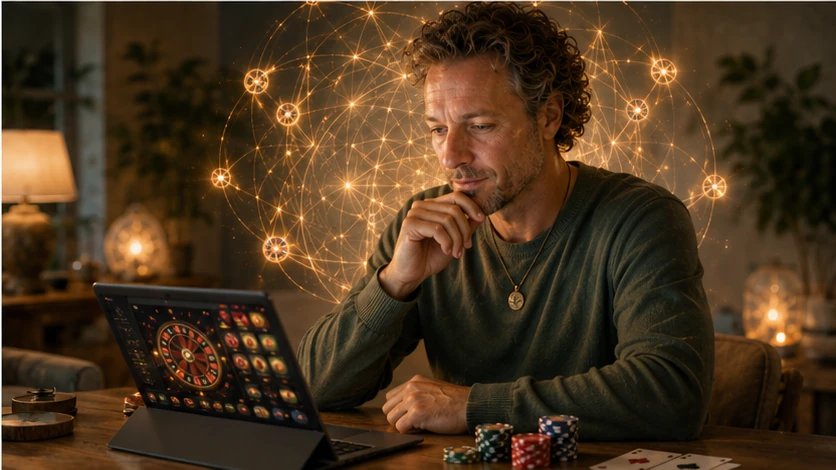 Speler met mentale focus tijdens strategische online casino spellen dankzij Touch of Matrix technieken